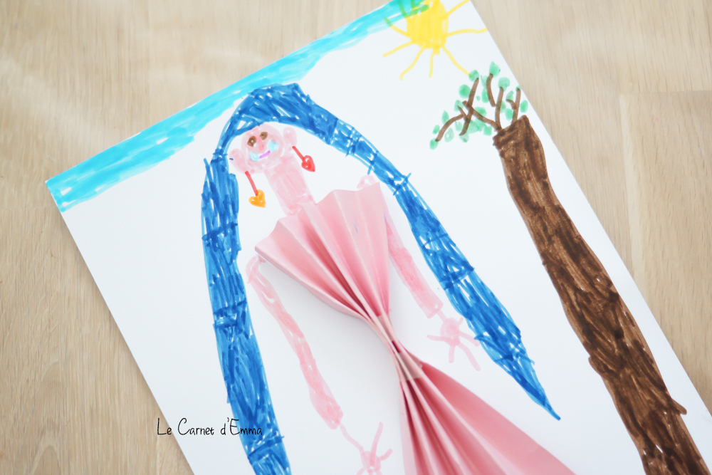 activité manuelle, dessin de princesse avec une robe en éventail