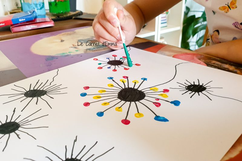 Activité manuelle, de la peinture avec un coton tige pour créer une fleur multicolore