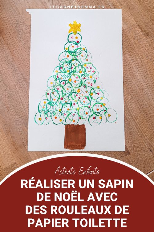 épingle pinterest activité manuelle sur le thème de Noël avec un sapin peint aux rouleaux de papier toilette