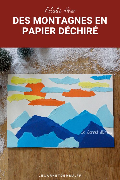 Idée d'activité manuelle sur le thème de l'hiver avec des montagnes en papier déchiré.