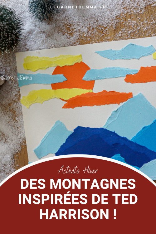 Idée d'activité manuelle sur le thème de l'hiver avec des montagnes en papier déchiré.