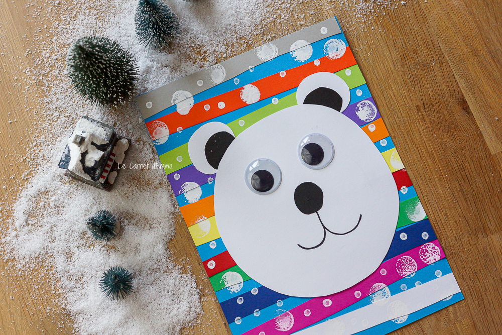 Une idée d'activité manuelle sur le thème de l'hiver avec un ours polaire sur fond coloré.