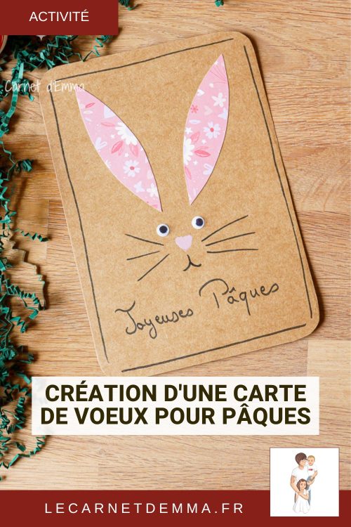 Création d'une carte de voeux sur le thème de Pâques avec un lapin aux oreilles à motif. Une idée d'activité manuelle simple et facile