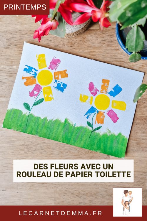 activité manuelle sur le thème du printemps avec des fleurs peintes au rouleau de papier toilette.
