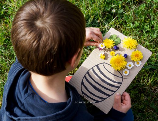 au cours d'une sortie en forêt ou jardin mettre des fleurs dans les trous de votre carton pour former votre bouquet de fleurs