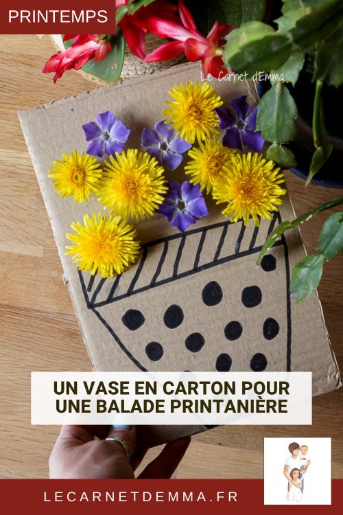 Idée d'activité sur le thème du printemps avec la création d'un vase en carton pour aller créer un bouquet de fleurs lors d'une balade en famille.